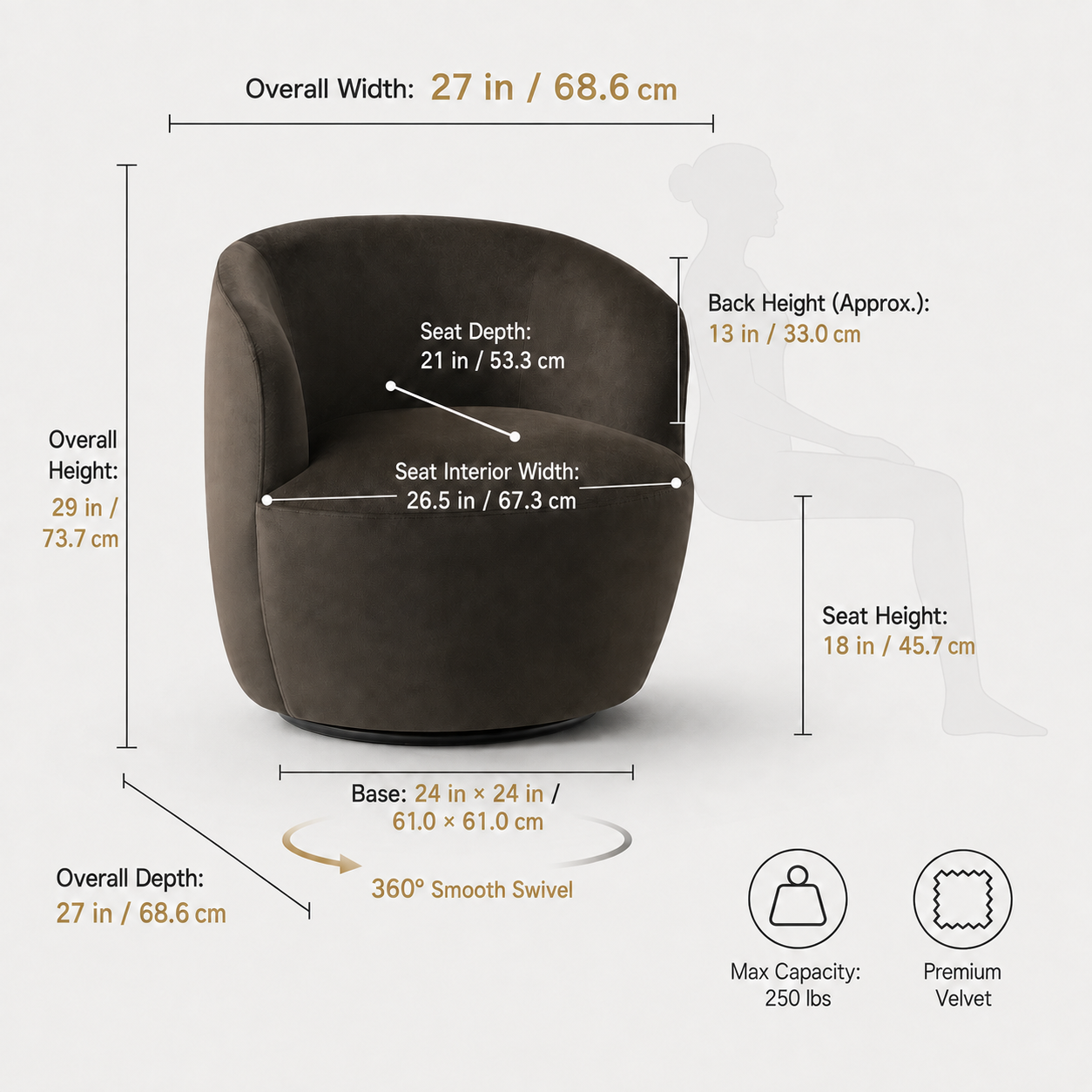 An upholstered accent chair shown with overlaid dimension labels for overall width, height, depth, seat depth, seat interior width, back height, and seat height, plus small icons for max capacity and premium velvet. KOSSMAI