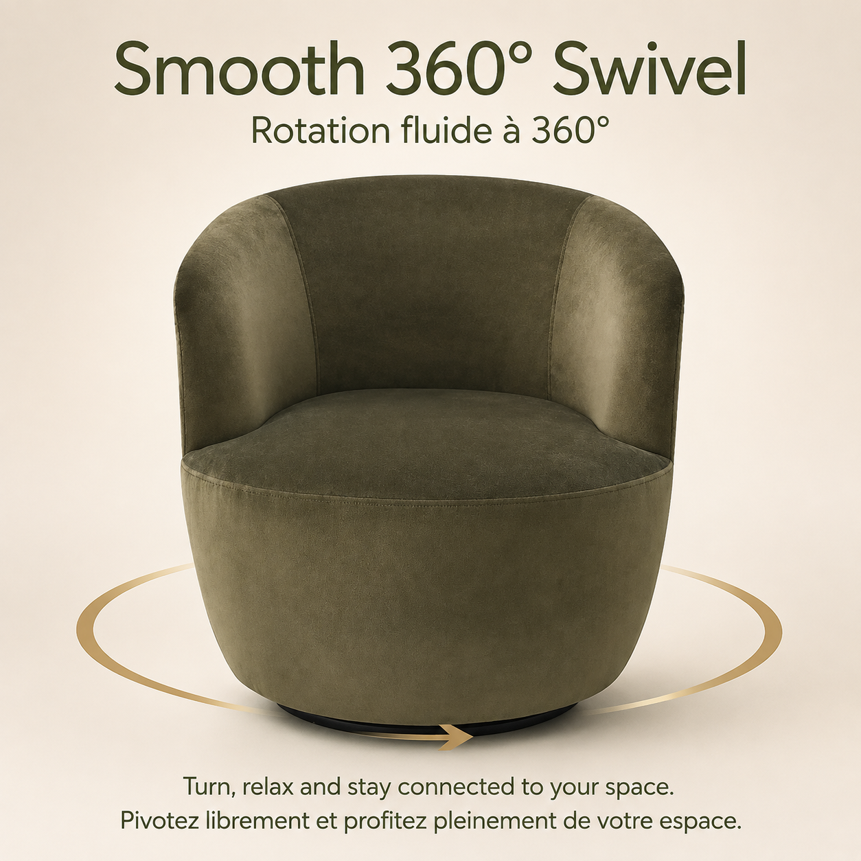 An olive green velvet swivel armchair centered on a light beige background, with French and English text reading 'Smooth 360° Swivel' and 'Turn, relax and stay connected to your space.' A thin gold circular arrow graphic supports the chair.KOSSMAI