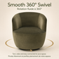 An olive green velvet swivel armchair centered on a light beige background, with French and English text reading 'Smooth 360° Swivel' and 'Turn, relax and stay connected to your space.' A thin gold circular arrow graphic supports the chair.KOSSMAI