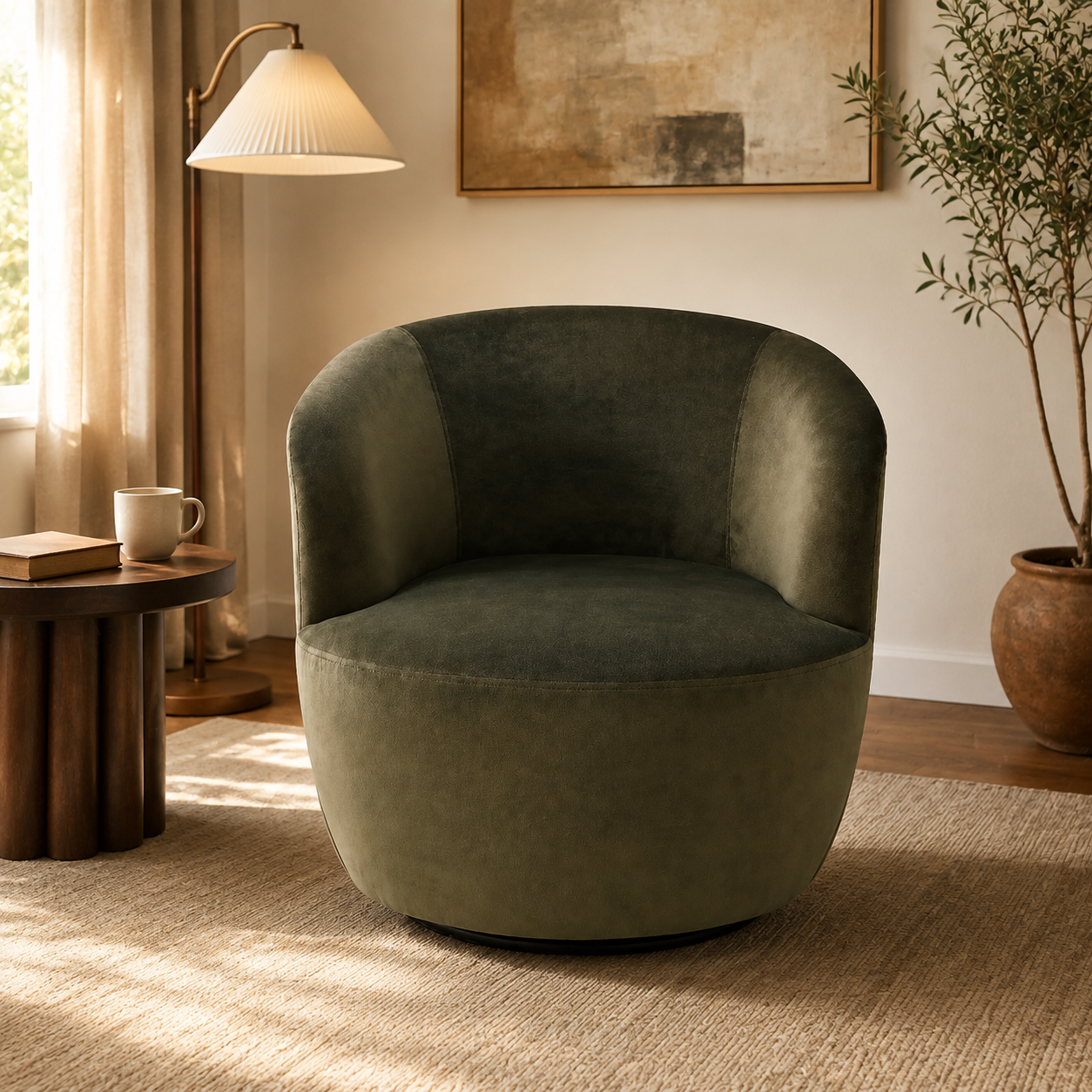 A round barrel-style accent chair upholstered in dark olive green velvet, set in a warm, sunlit living room next to a wooden side table and a floor lamp. KOSSMAI