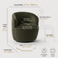 An olive green velvet armchair shown with overlaid dimension labels for overall width, height, depth, seat depth, seat interior width, back height, and seat height, plus small icons for max capacity and premium velvet on a light gray background.KOSSMAI